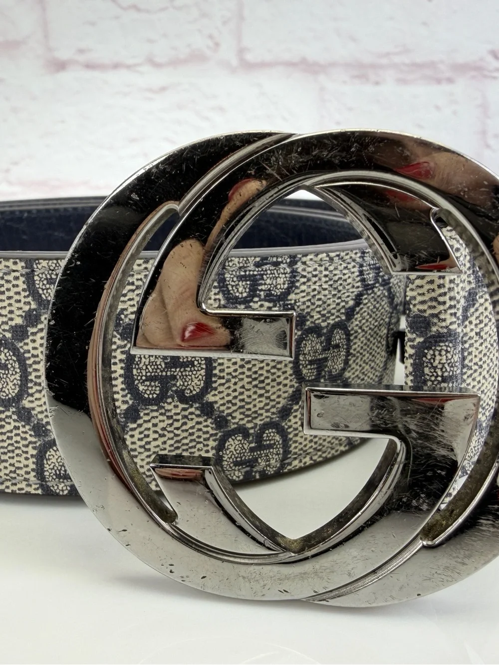 Gucci Supreme GG Monogram Canvas Belt  Silver-Tone Double G Buckle 110/44 114984